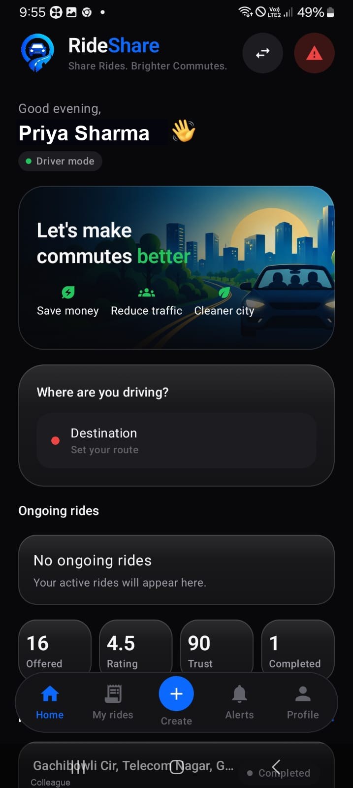 Chaloo driver home screen showing driver mode, route setup and ride statistics.